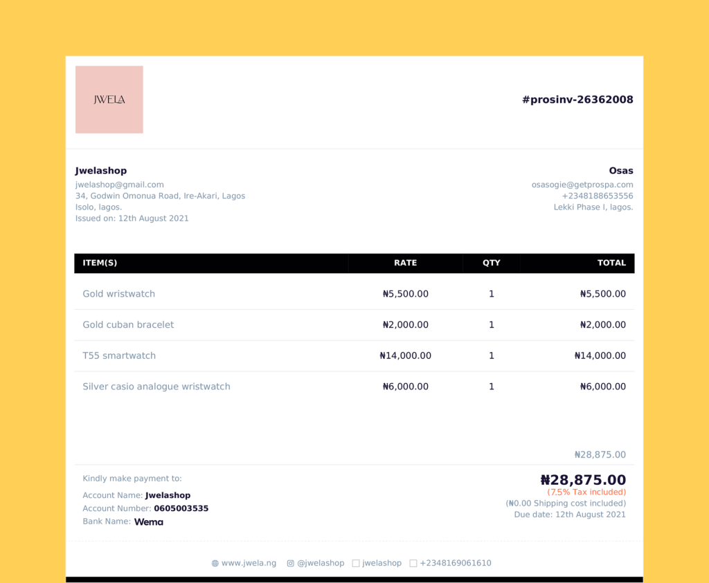 image of an invoice sample from Prospa app